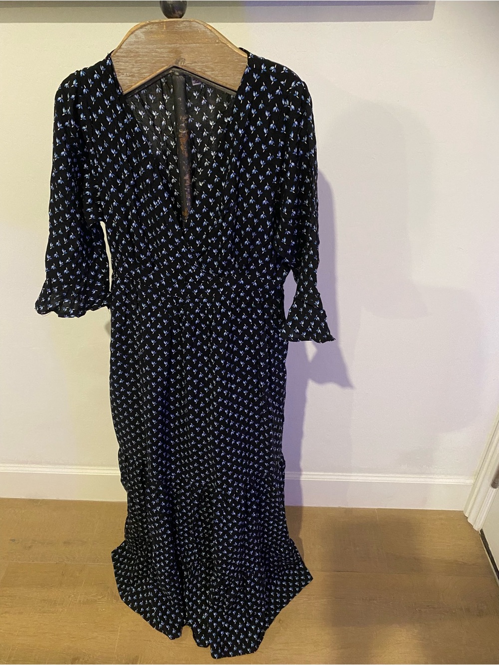 Black Maxi Dress with Blue Floral Print and V-Neck